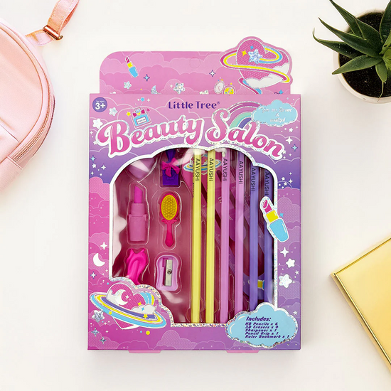 Little Tree Beauty Salon pencil and eraser set featuring makeup-themed erasers like hairbrush and perfume bottle with colorful pencils.