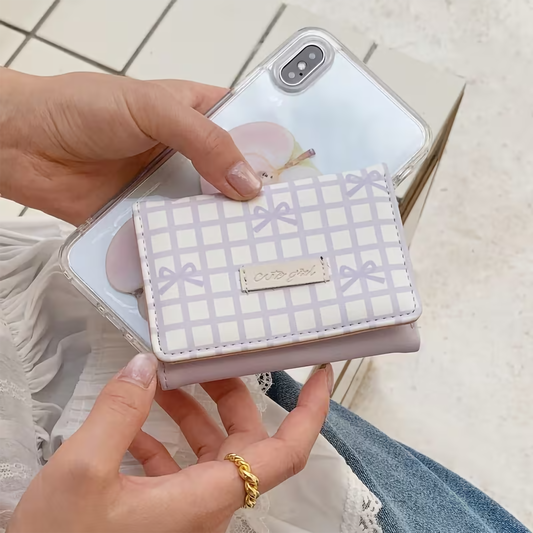 Portable Mini Trifold Wallet with Bow Charm | Cute School & Travel Purse