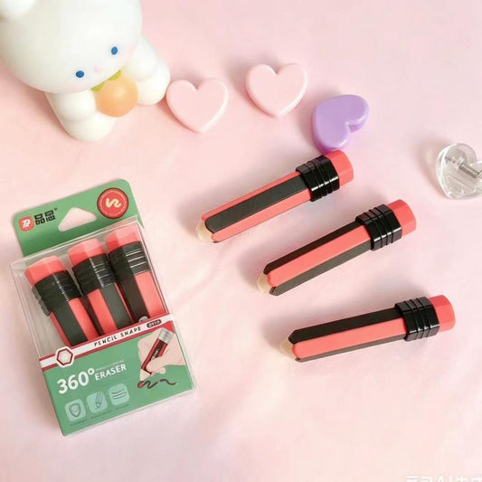 Red & Black  360° Precision Pencil-Shaped Eraser Set - 3 Pcs