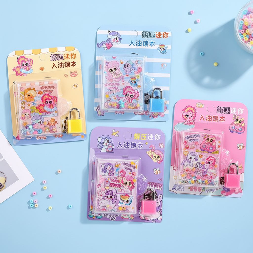 Kawaii pony water and glitter diary with padlock and pastel design for kids.