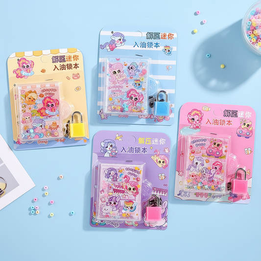 Kawaii pony water and glitter diary with padlock and pastel design for kids.