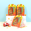 Cute burger and fries pencil and eraser gift set for children with red and green pencils and playful packaging.