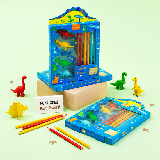 Cute dinosaur pencil and eraser set for children, including multiple colored pencils and playful 3D dino erasers.