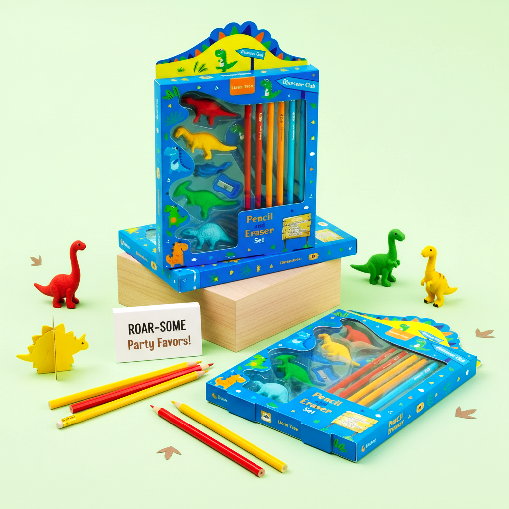 Cute dinosaur pencil and eraser set for children, including multiple colored pencils and playful 3D dino erasers.