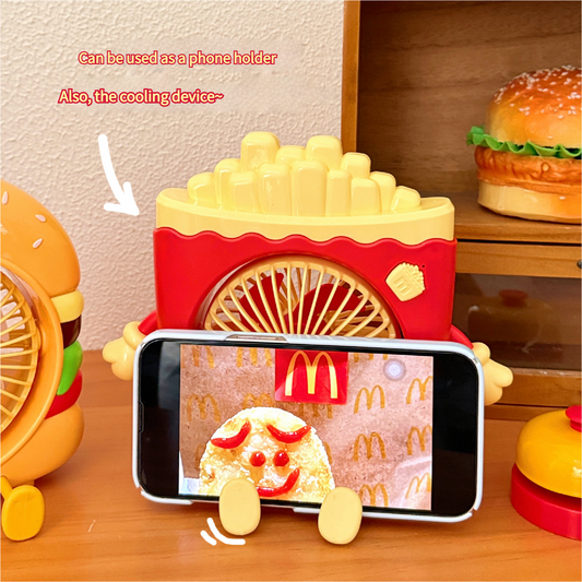 Fast Food Fun: French Fries & Hamburger USB Fan with Built-in Phone Holder