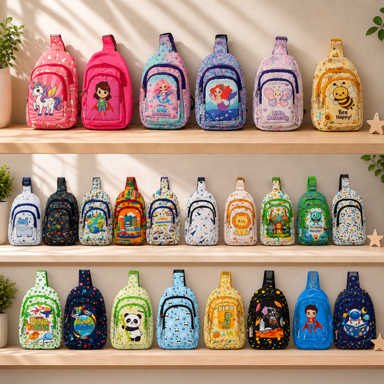 Shelves displaying a variety of colorful children's Sling bags  with different designs.