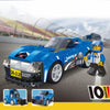 DIY construction toy blue car kit with driver minifigure and manual