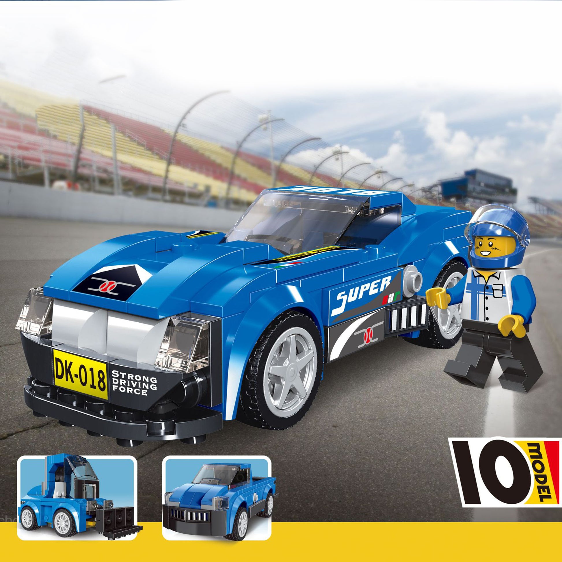 DIY construction toy blue car kit with driver minifigure and manual