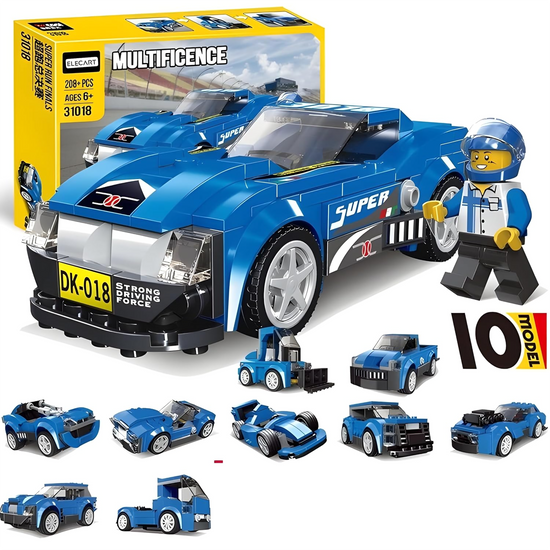 Multificence 10-in-1 blue racing car building block set 208 pieces