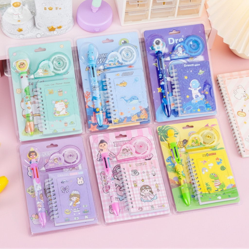 Kids Stationery Set – Notebook + Correction Tape + 6-in-1 Pen – Giftoo