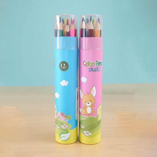 Set of two 12-color pencil tubes in pink and blue with cute cartoon animal designs, containing colorful pencils for kids.