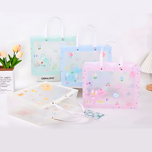 Large kawaii transparent gift bags with pastel prints and handles