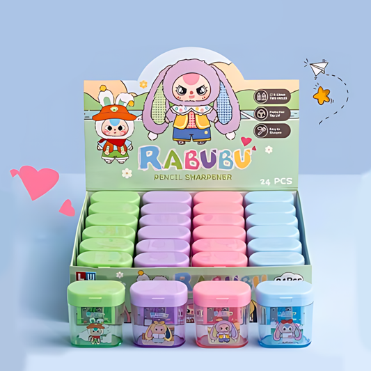 Rabubu bunny-themed two-hole sharpener with flip-top lid