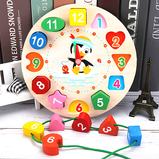 Round wooden educational clock toy featuring colorful shape blocks and a penguin illustration.