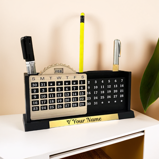 Wooden Desk Calendar with Pencil Organizer