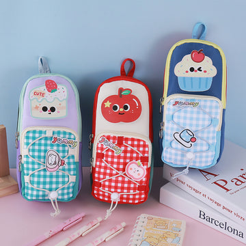 Yummy Aesthetic Grid Contrasting Color Small Pencil Case with Detachable Patch