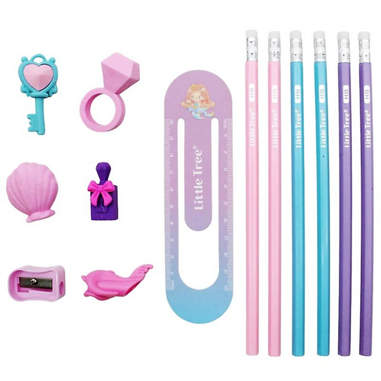 Ocean Princess pencil and eraser gift set for girls, including HB pencils, 3D erasers, and adorable mermaid design box.