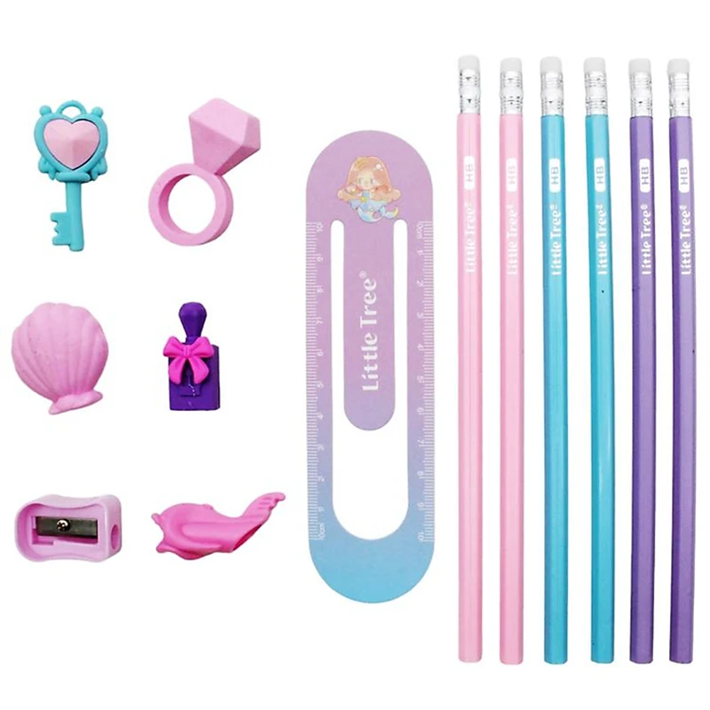 Ocean Princess pencil and eraser gift set for girls, including HB pencils, 3D erasers, and adorable mermaid design box.