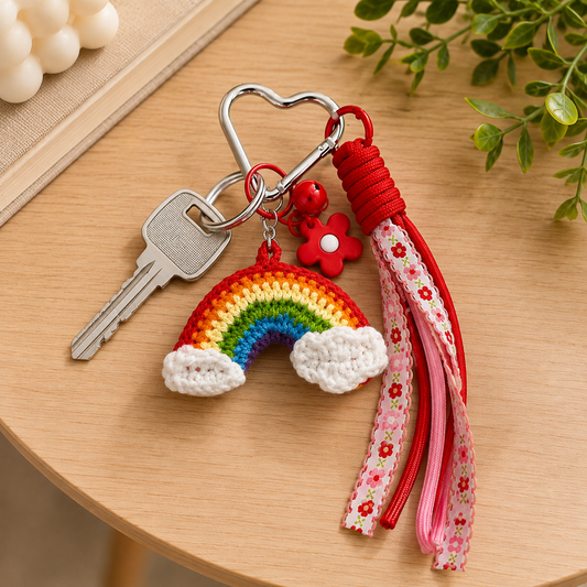 Handmade Crochet Rainbow Keychain | Aesthetic Keychain Charm with Ribbon Lanyard