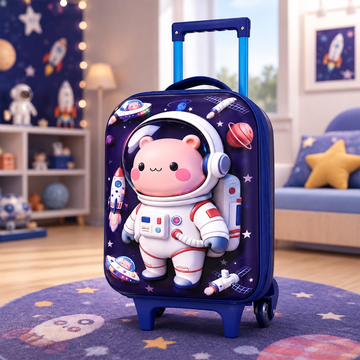 Cute Astronaut Bear Kids Travel Suitcase – 3D Cartoon Rolling Trolley Bag