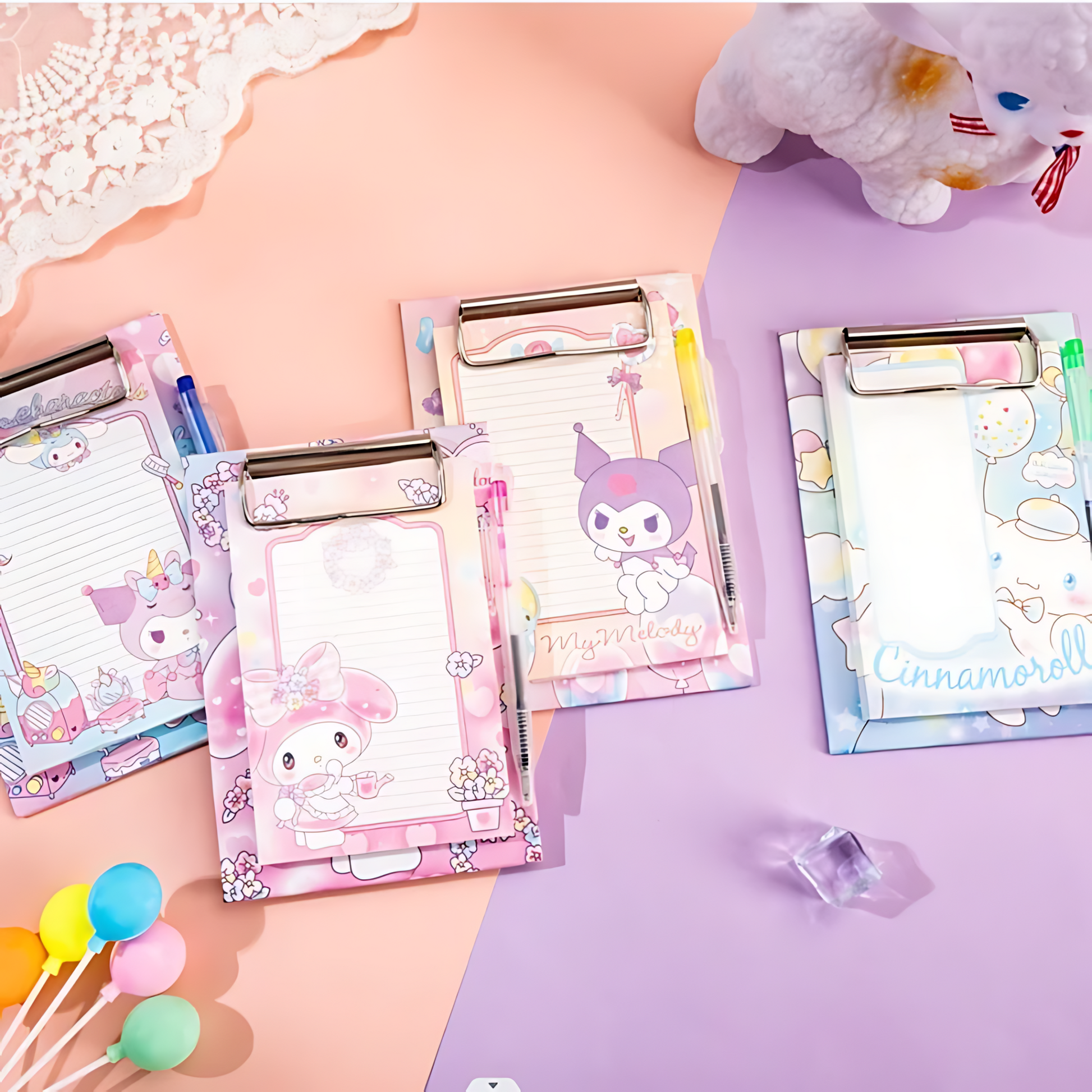 Collection of pastel-colored mini clipboards featuring Cinnamoroll, My Melody, and Kuromi designs with matching pens.