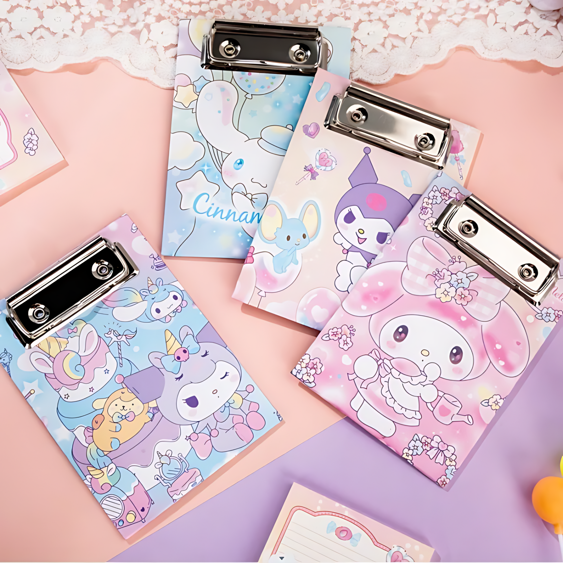 Close up of blue Cinnamoroll memo board set with lined paper and a small pen attached.