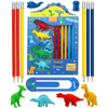Little Tree Dinosaur Club pencil and eraser set featuring colorful dinosaur-shaped erasers and bright pencils in blue packaging.
