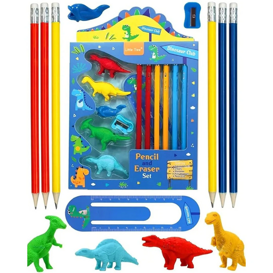 Little Tree Dinosaur Club pencil and eraser set featuring colorful dinosaur-shaped erasers and bright pencils in blue packaging.