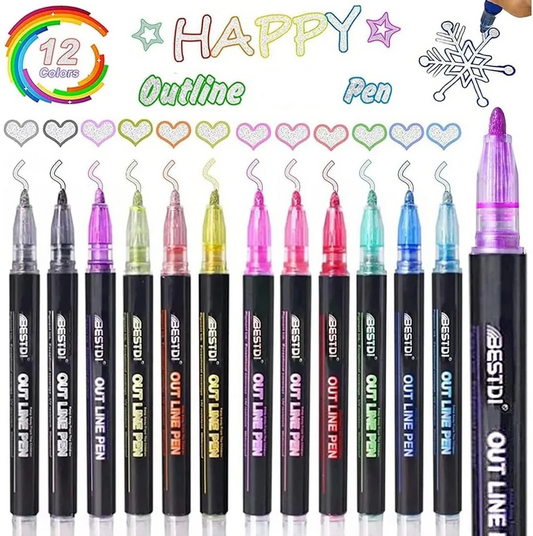 12-Color Outline Pen Set - Metallic Glitter Double-Headed Art Pen