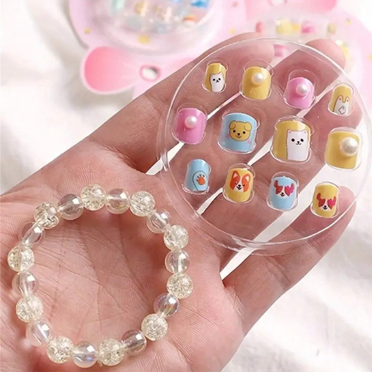 Kids Cartoon Press-On Nails & Bracelet Combo Set