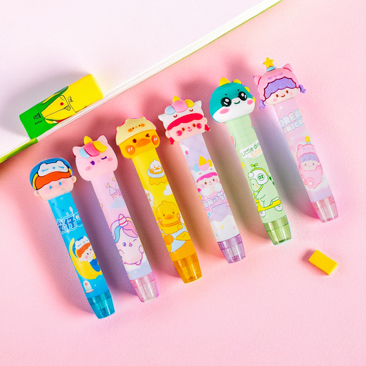 Retractable Erasers! Fun 3D Cartoon Toppers
