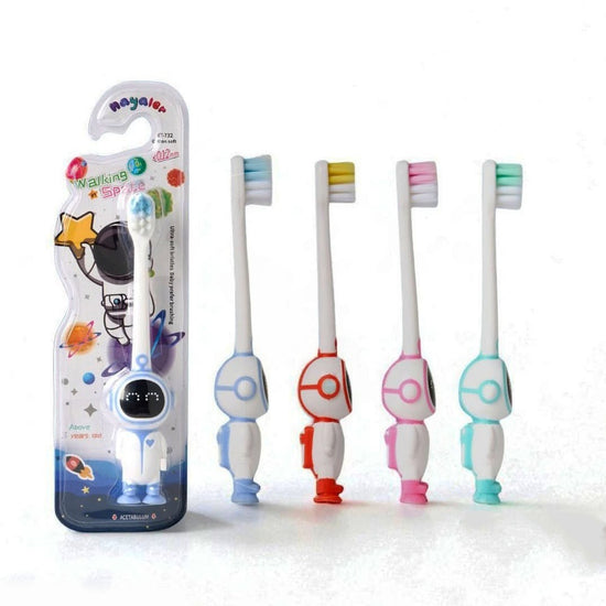 Children’s space toothbrush with pastel colors and ergonomic handle.