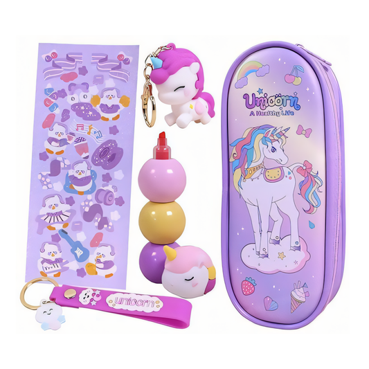 Unicorn Pouch with Color Highlighters, Fun Stickers & keychain