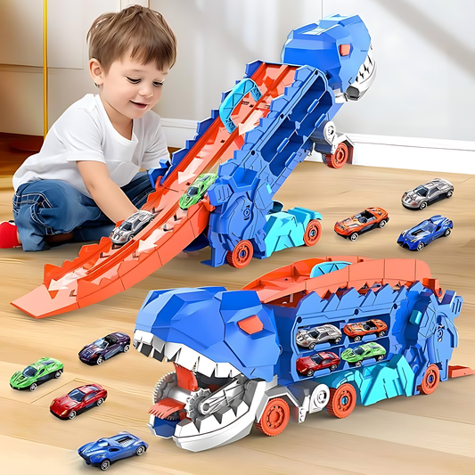 Dinosaur Transporter Truck 2-in-1 Toy - Transformable T-Rex Car Carrier & Racing Track