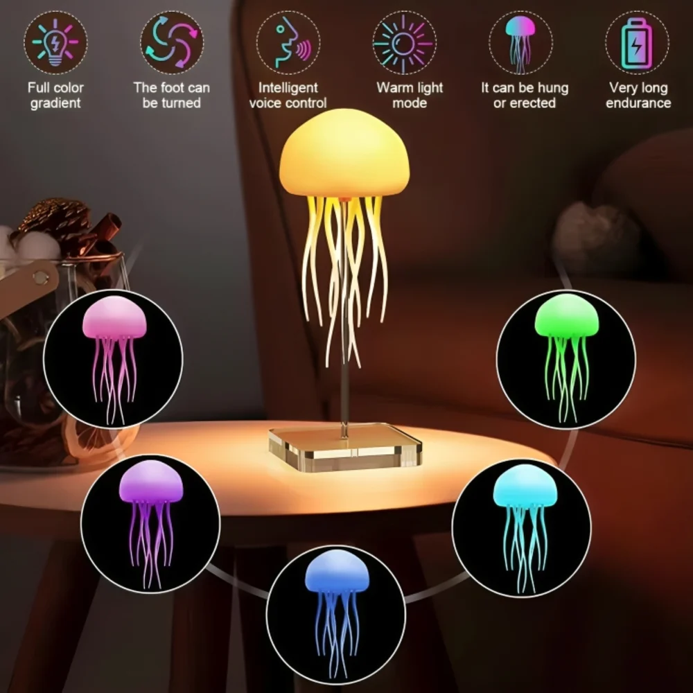 Jellyfish LED lamp showing gradient color modes on a desk