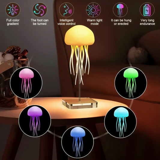 Jellyfish LED lamp showing gradient color modes on a desk
