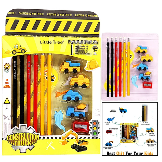 Kids’ stationery set with construction truck design including pencils, erasers shaped like vehicles, and safety-themed box.
