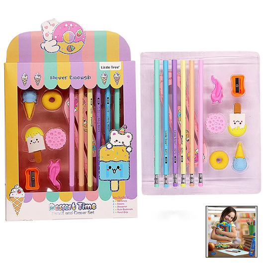 Little Tree Dessert Time pencil and eraser set featuring ice cream, donut, and popsicle-shaped erasers with pastel pencils.