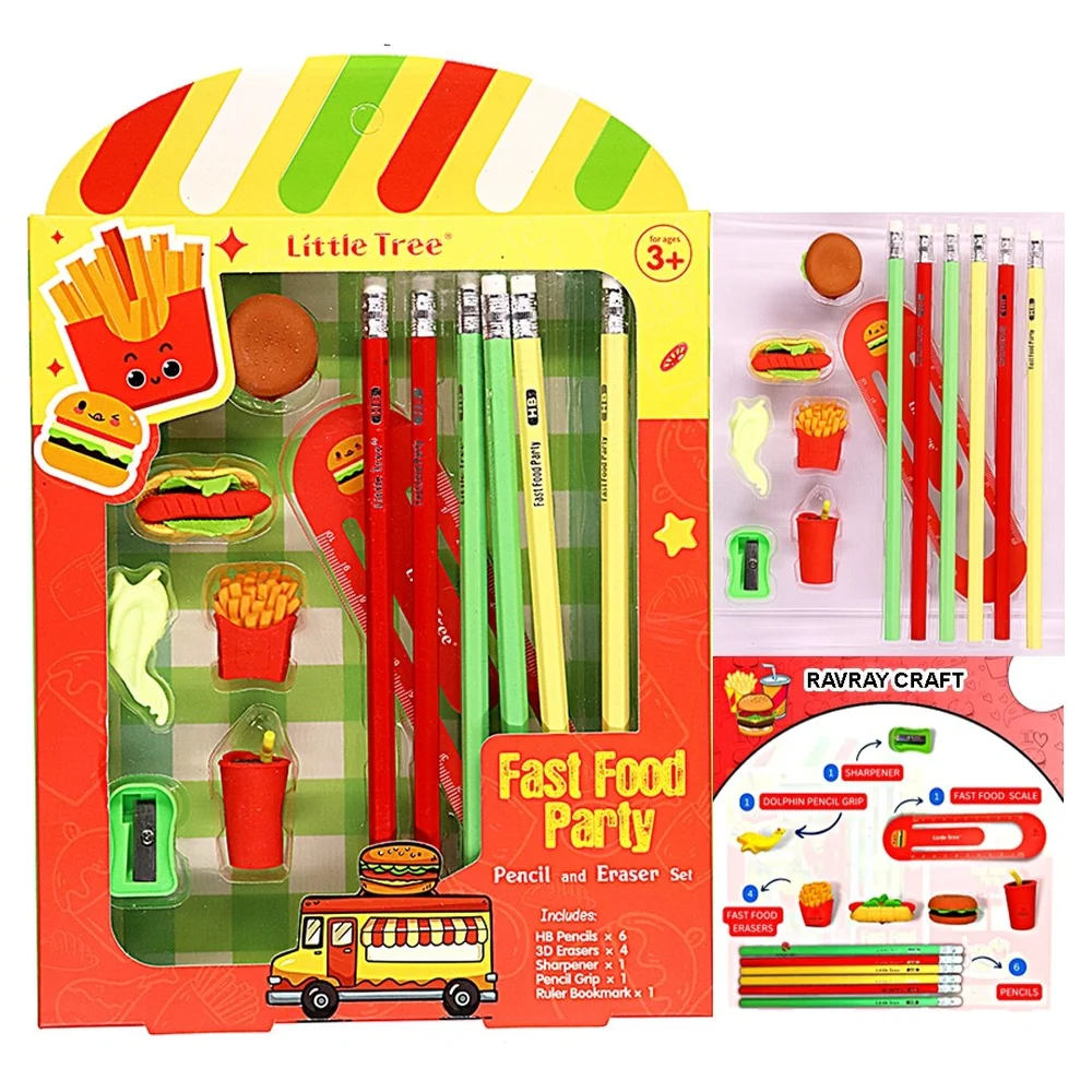 Fun fast food–themed stationery set for kids including pencils, 3D food erasers, sharpener, and ruler bookmark.
