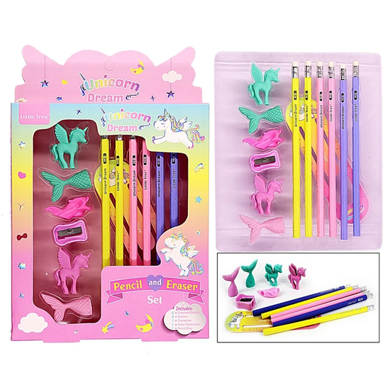 Cute unicorn-themed stationery set for kids including pencils, erasers, and sharpener in a dreamy pink rainbow box.