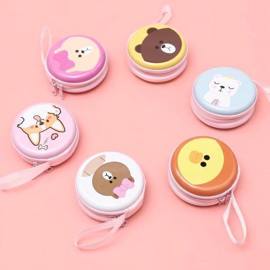 Cute round metal cartoon bear and corgi coin purses and earphone storage cases in assorted colors.