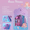 Cute mermaid stationery set for kids with seashell, starfish, and key-shaped erasers in pastel pink and purple tones.