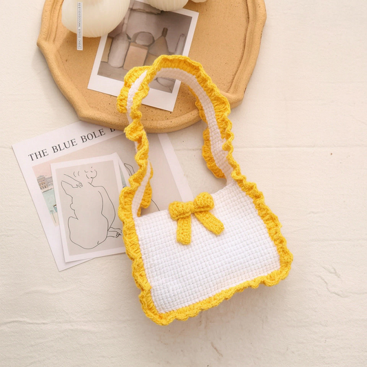 Handmade Crochet Mini Handbag - Cute Yellow Bow Knit Tote Bag