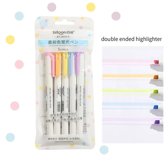 Twin Tip Highlighters with Double-Sided - Set of 5