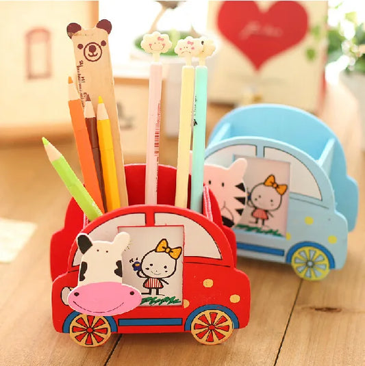 Wooden Cartoon Car Penstand with Photoframe